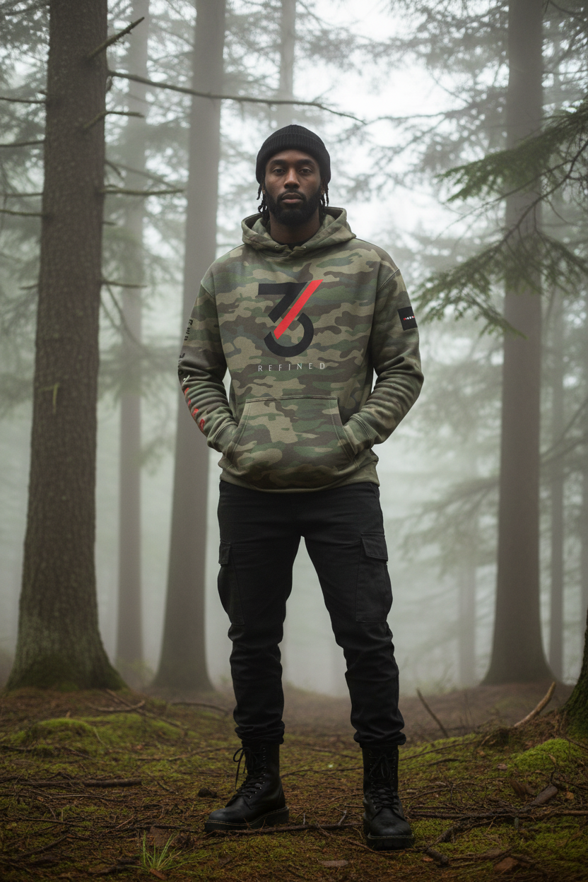 1/3RD Camo Hoodie Lifestyle - Black Man in Woods