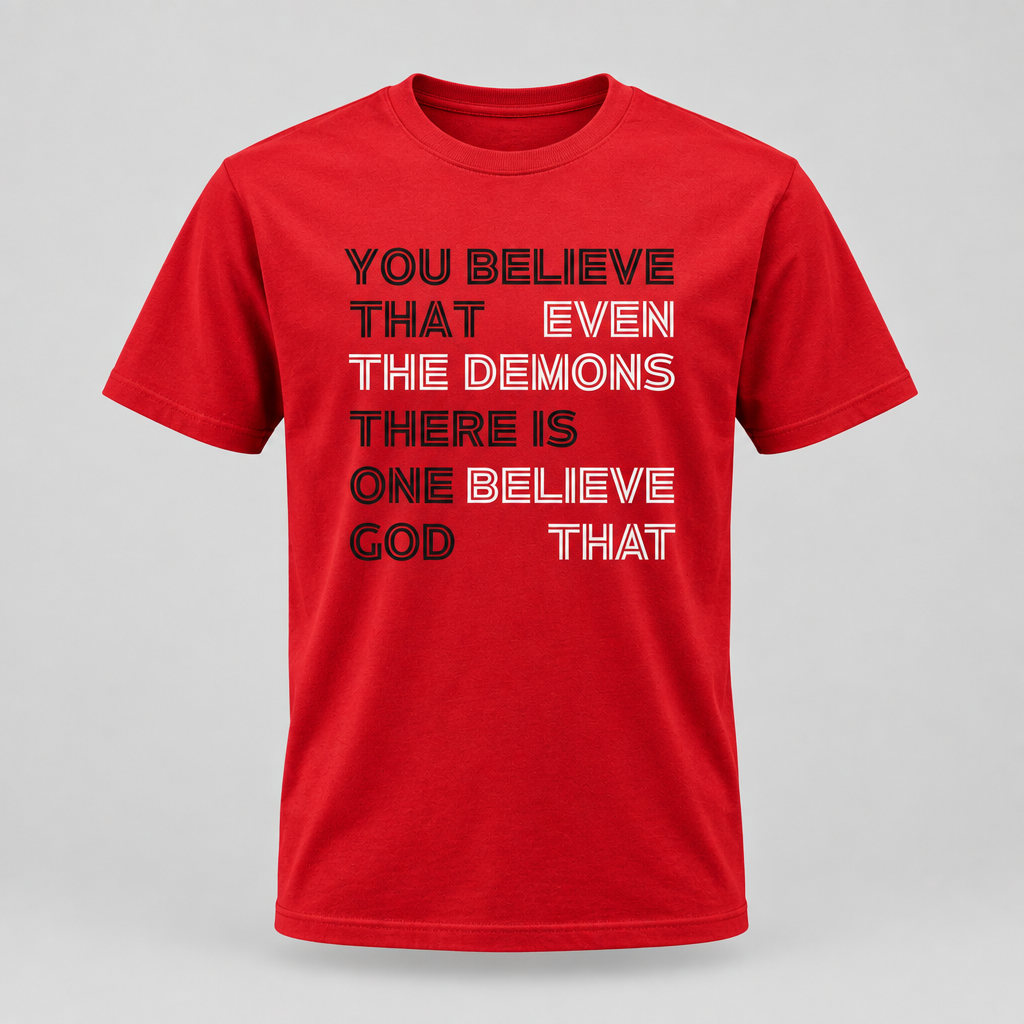 3D mock-up of the red You Believe Tee
