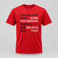 3D mock-up of the red You Believe Tee