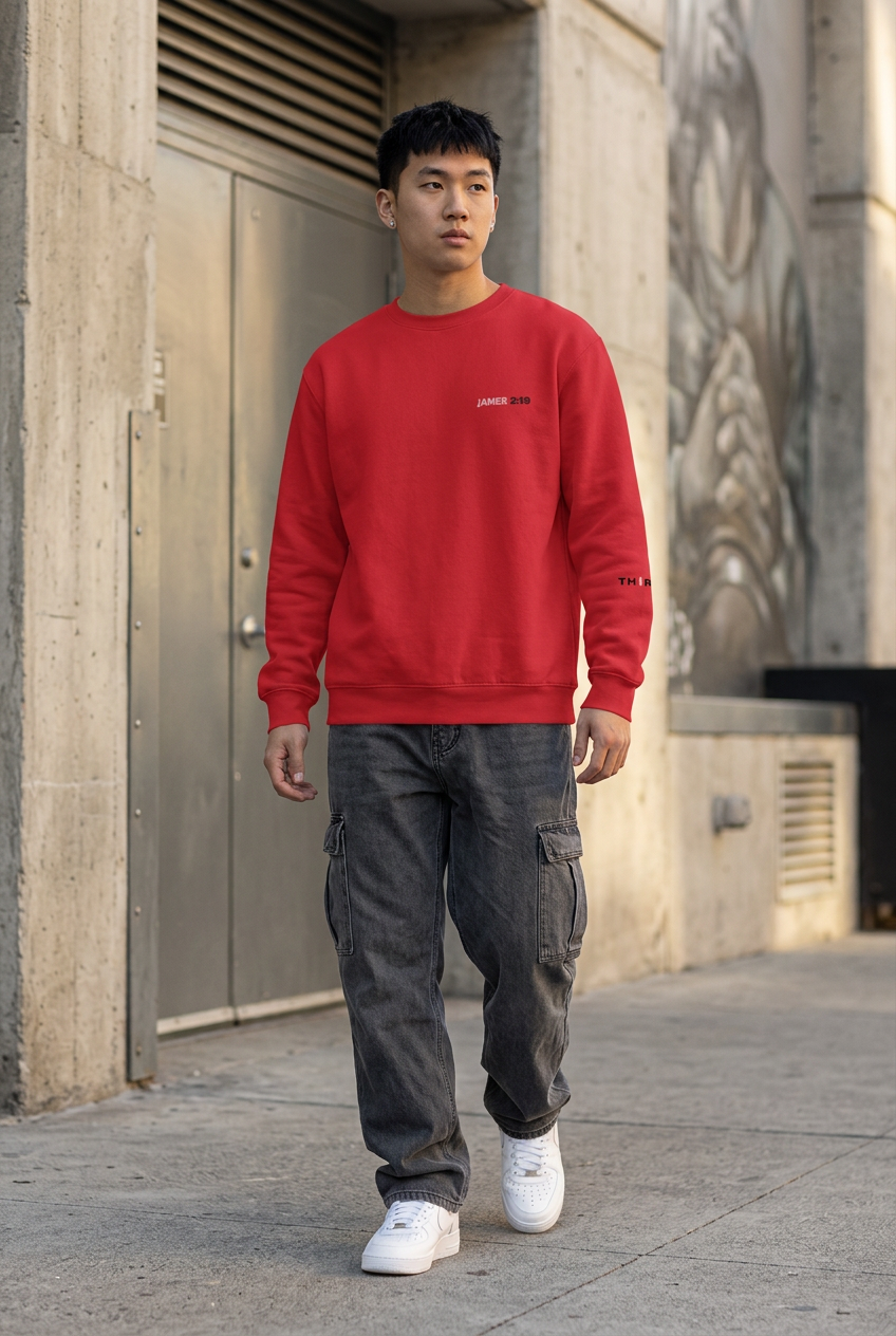 Asian man in hip-hop-inspired streetwear wearing the cardinal red TH1RD Refined sweatshirt