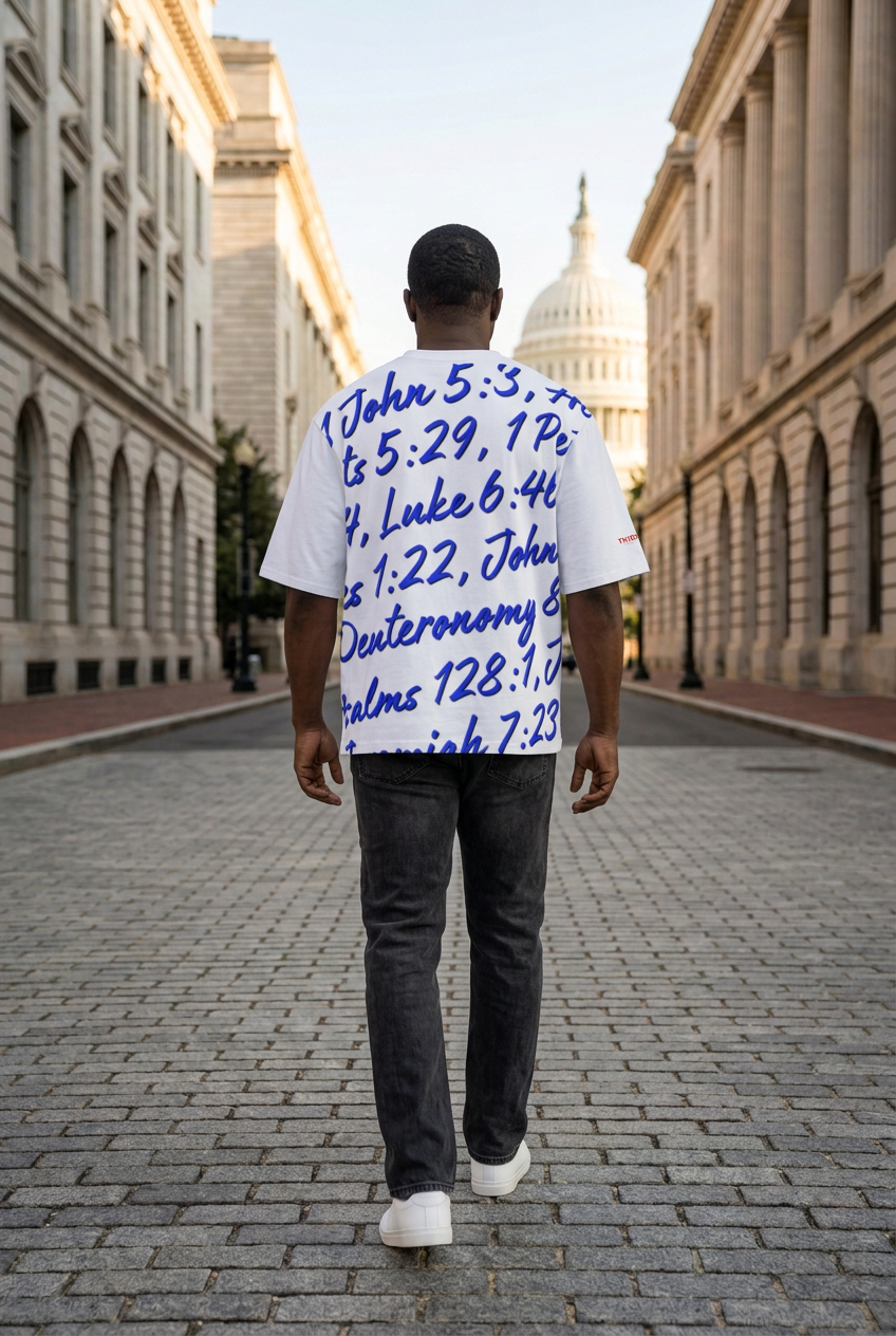 Back view of a Black man walking downtown D.C. wearing the Obedience Oversized Tee