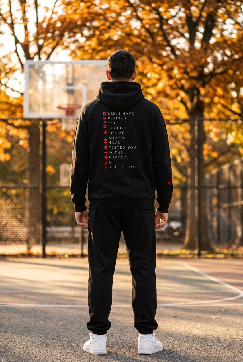 Back view of a Puerto Rican model wearing the black scripture hoodie at Rucker Park in fall
