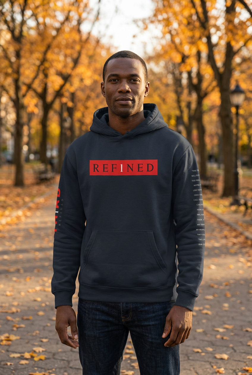 Black male model wearing the TH1RD Refined hoodie in a warm autumn setting