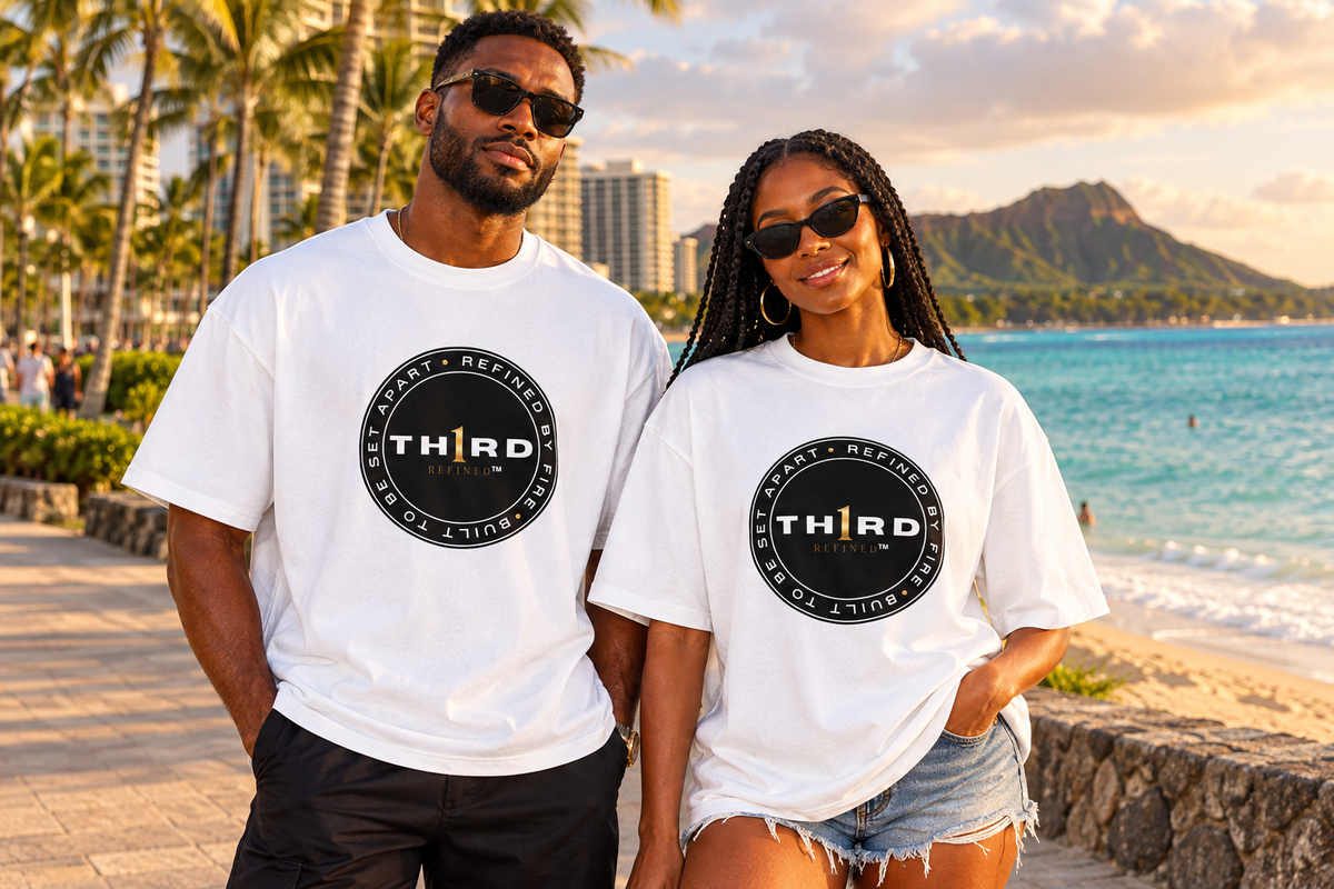 Black man and woman wearing the white box tee in Waikiki