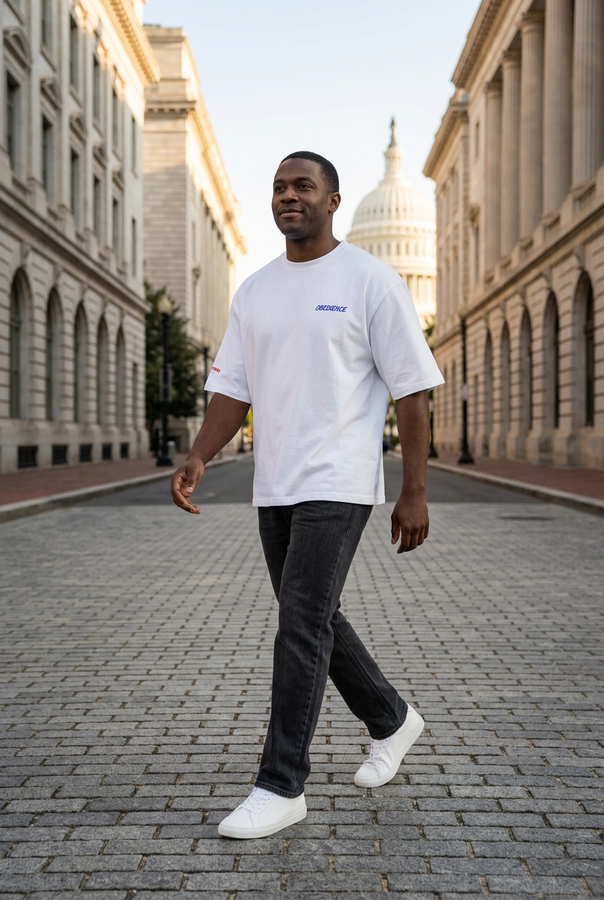 Black man walking downtown Washington, D.C., wearing the white Obedience Oversized Tee