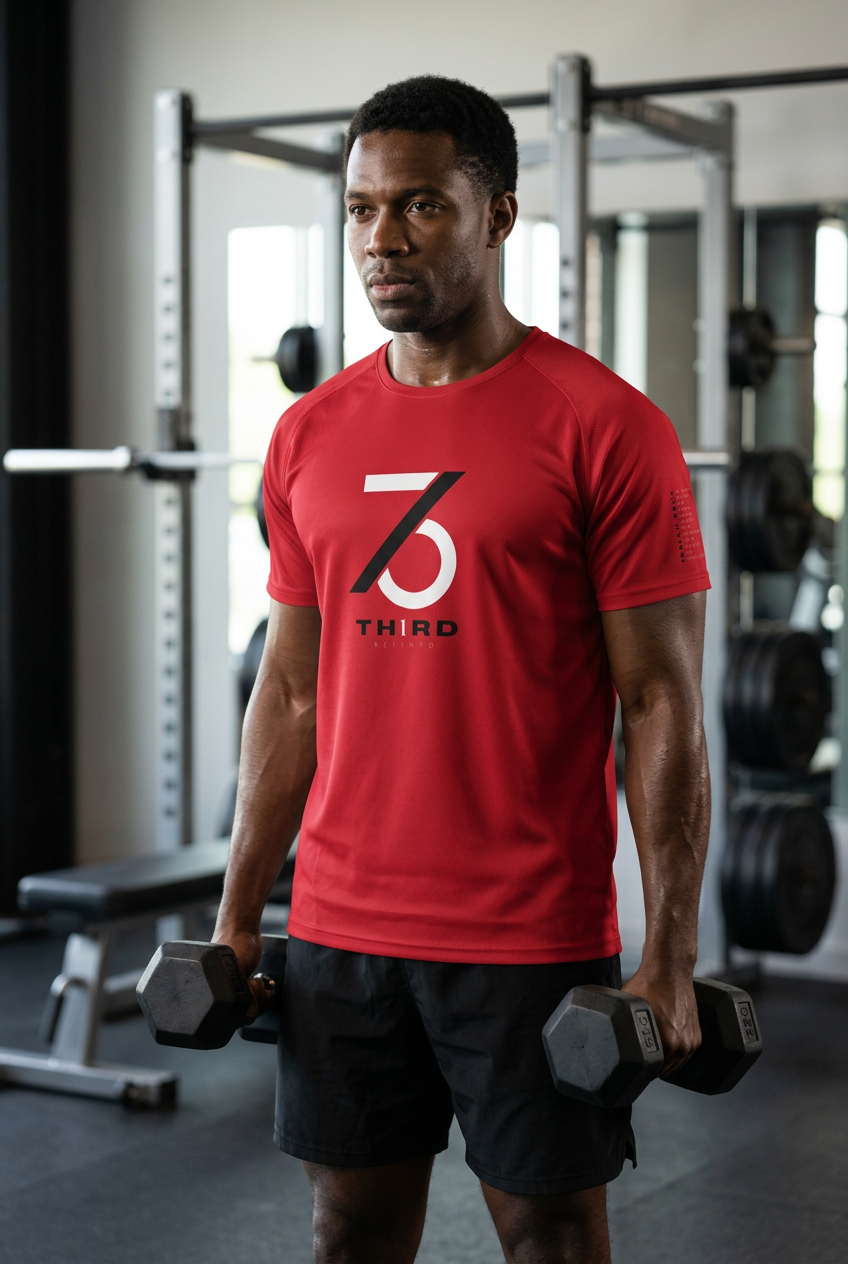 Black man working out in a gym wearing the red TH1RD jersey