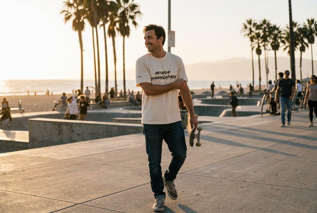 Golden hour lifestyle image of a man wearing the natural Yeshua Hamaschiach t-shirt at the Venice Beach skate park