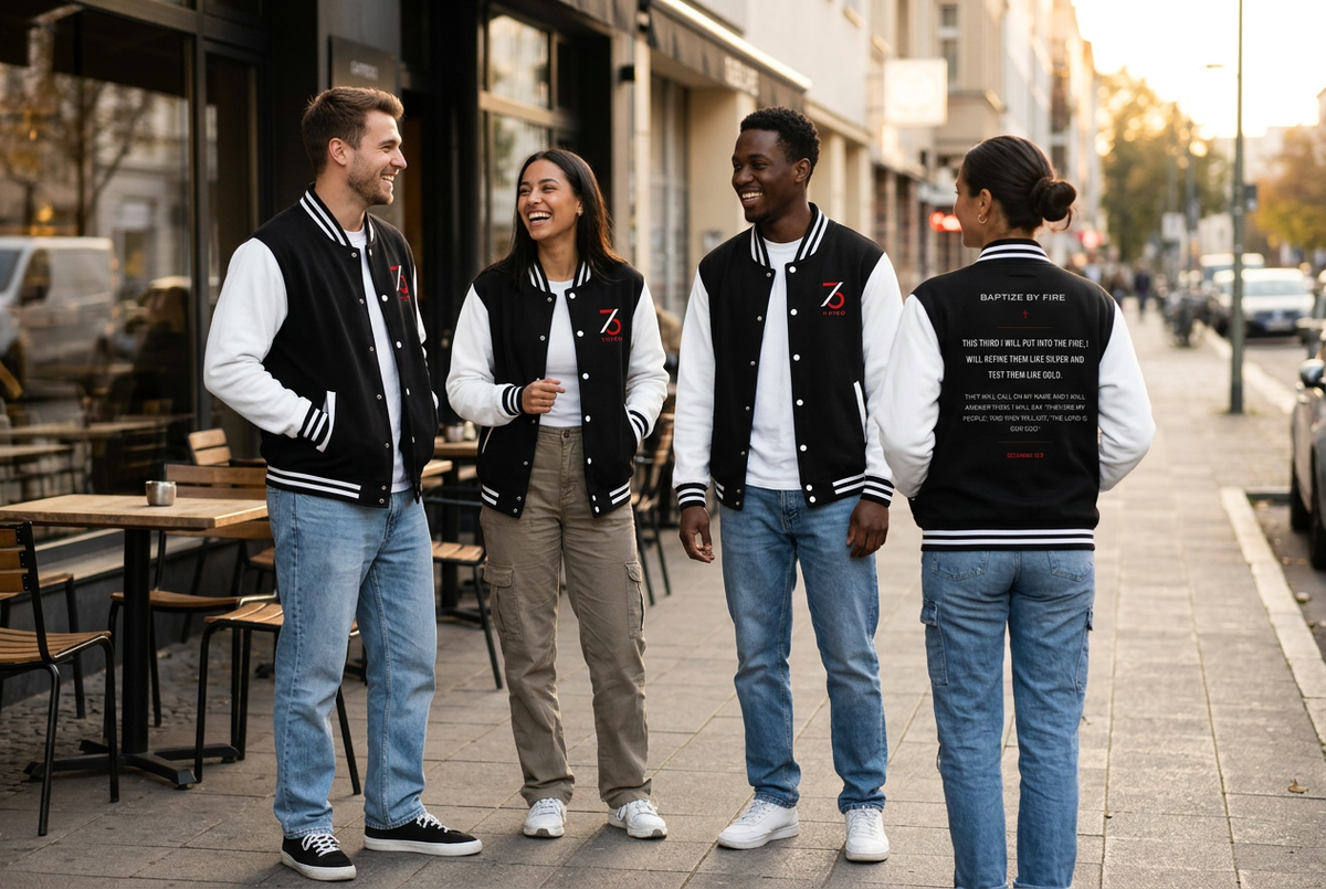 Group of friends wearing matching black-and-white TH1RD Refined jackets outside a city cafe