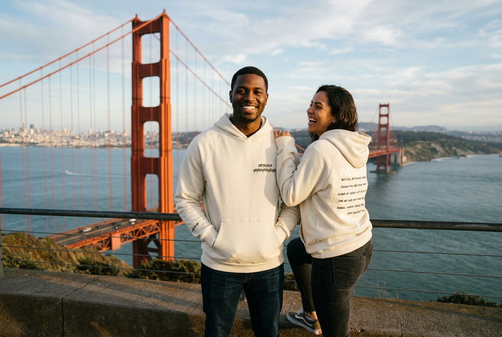 Lifestyle image of a man and woman wearing the cream Yeshua Hamaschiach hoodie at a Golden Gate Bridge overlook in San Francisco