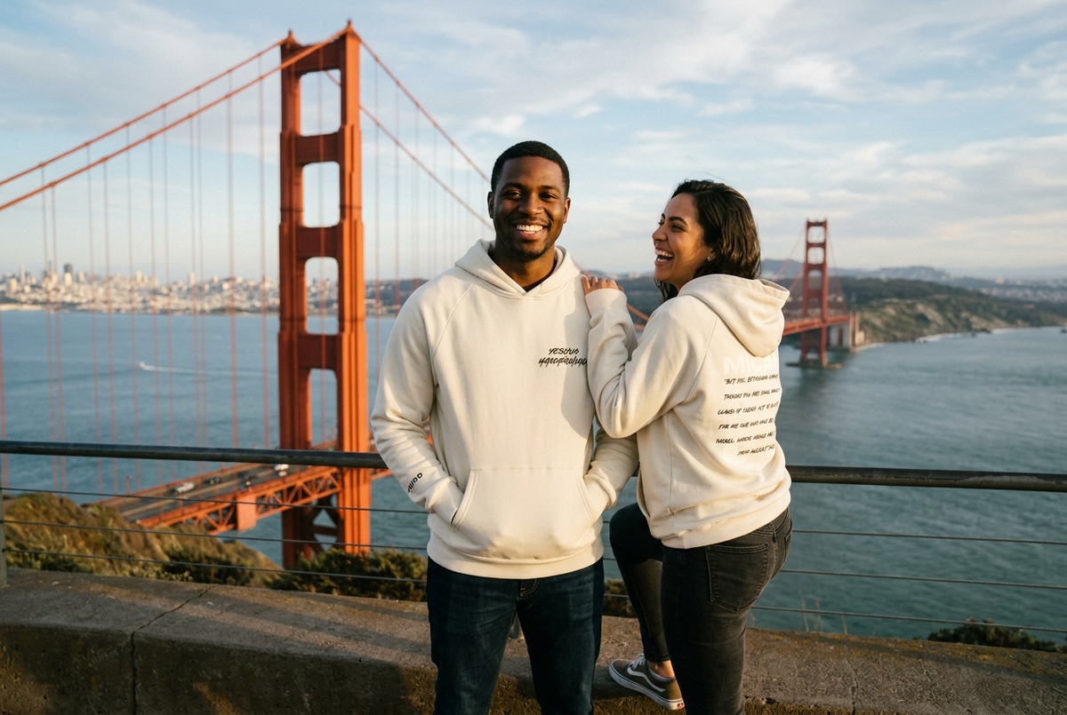 Lifestyle image of a man and woman wearing the cream Yeshua Hamaschiach hoodie at a Golden Gate Bridge overlook in San Francisco