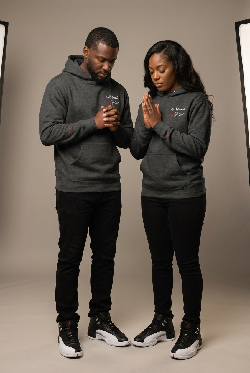Man and woman praying together in charcoal Refined by God hoodies and matching Jordan 12s