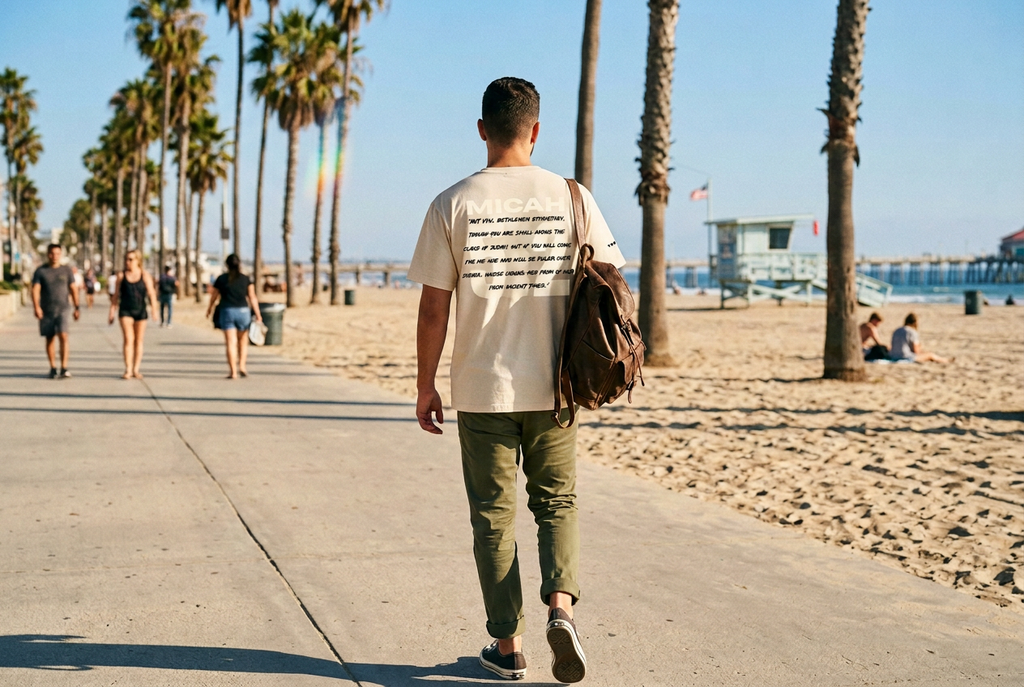 More realistic back view of a man wearing the natural Yeshua Hamaschiach t-shirt walking a Los Angeles boardwalk