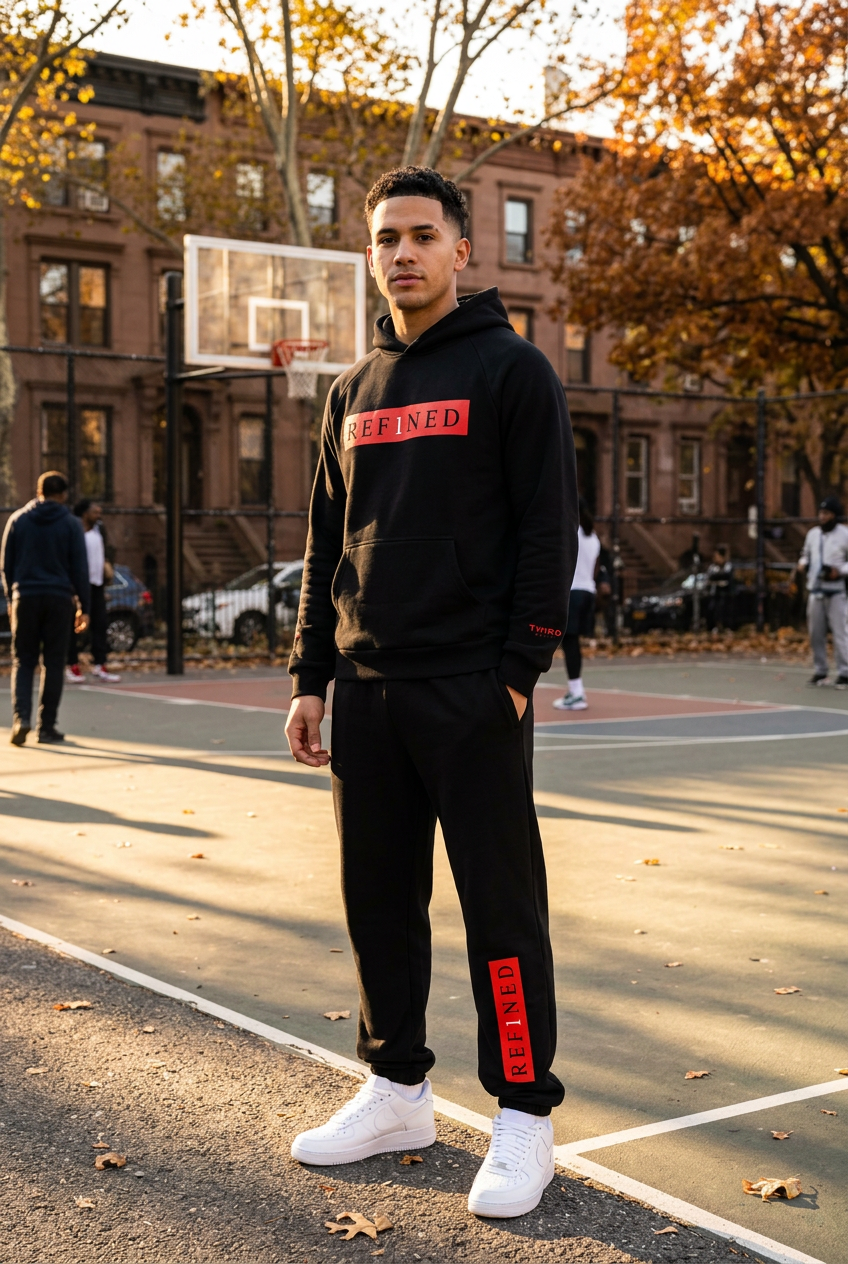 Puerto Rican model wearing the black REF1NED set at Rucker Park in autumn