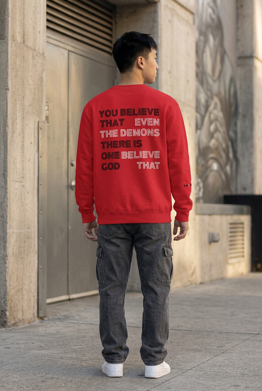 Rear lifestyle view of an Asian man wearing the cardinal red sweatshirt with its back design visible
