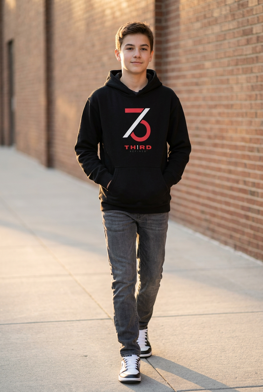 Teenage boy wearing the black TH1RD Refined hoodie in a casual outdoor lifestyle setting