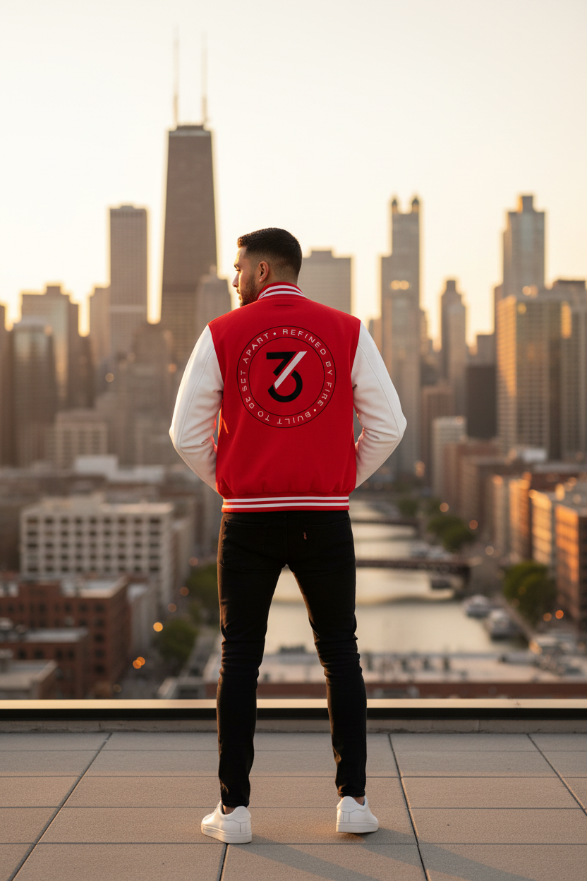 TH1RD Red Letterman Jacket – Back View Chicago