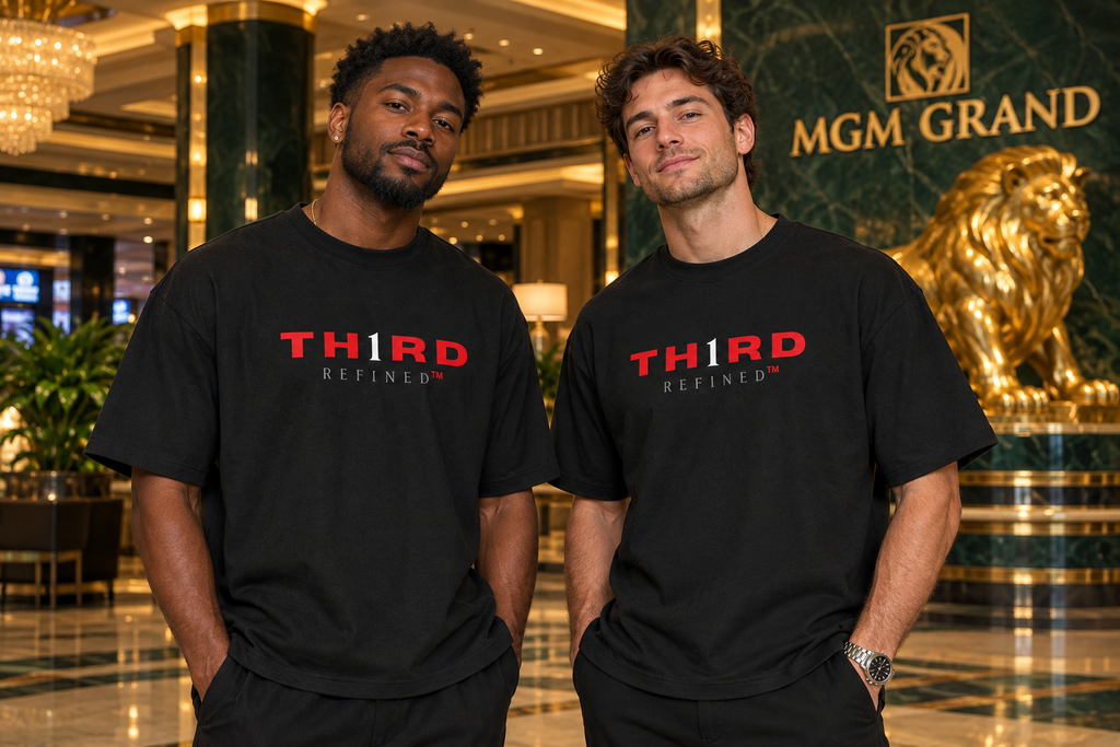 Two men wearing TH1RD Refined Box Tees in a Las Vegas hotel