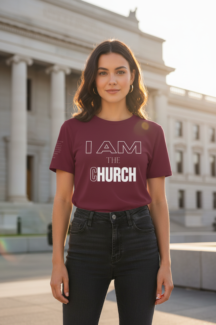 Women's Maroon I AM the Church Tee - Front of Building