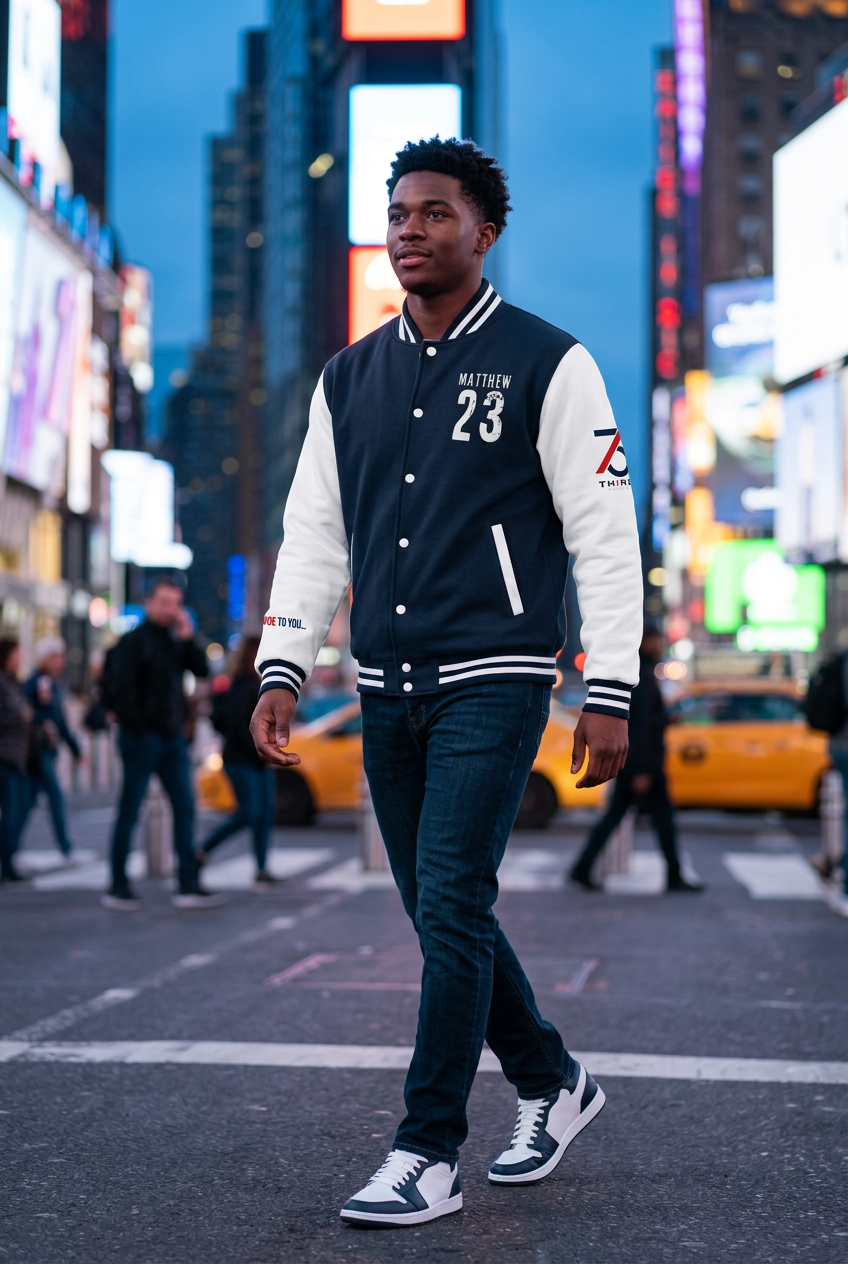 Young Black man walking through Times Square wearing the navy-and-white TH1RD Refined letterman jacket
