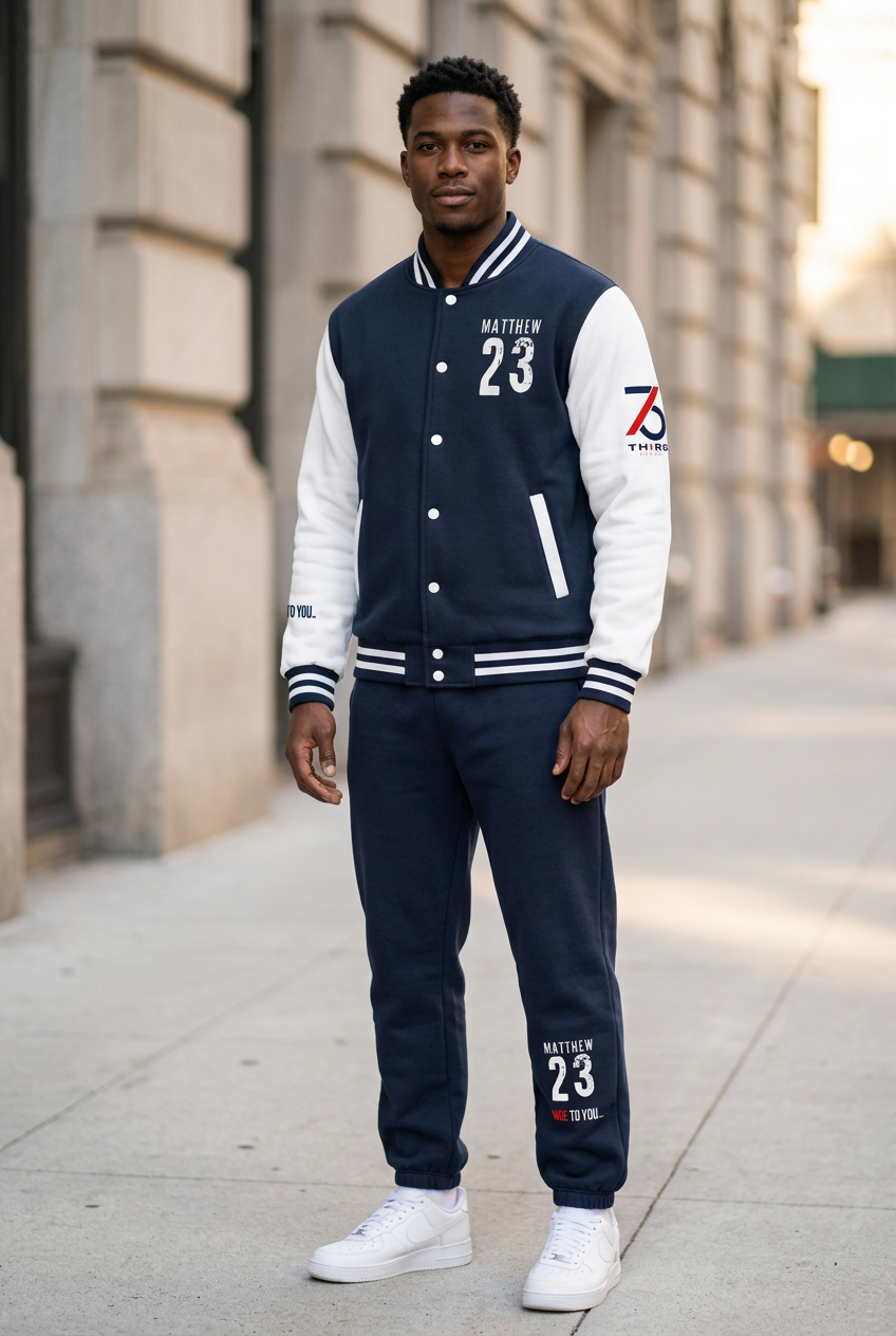 Young Black man wearing the Matthew 23 jacket and matching navy sweatpants in an urban lifestyle setting